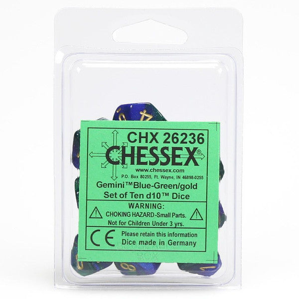 Gemini: D10 - Blue and Green/Gold (10 dice)