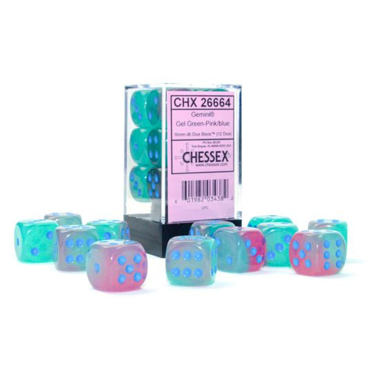 Gemini: 16 mm D6 - Gel Green-Pink/Blue Luminary (12 dice)
