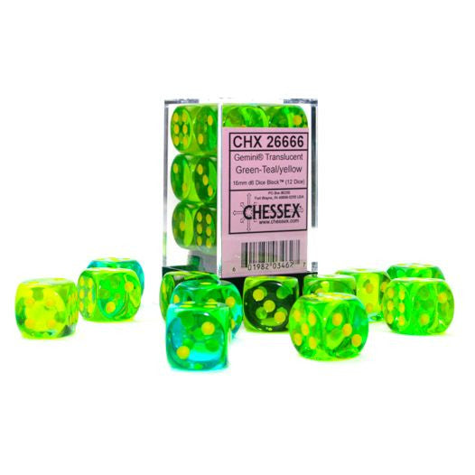 Gemini: 16 mm D6 - Translucent Green-Teal/Yellow (12 dice)