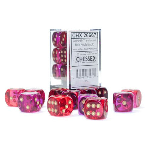 Gemini: 16 mm D6 - Translucent Red-Violet/Gold (12 dice)