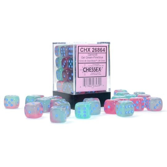 Gemini: 12 mm D6 - Gel Green-Pink/Blue Luminary (36 dice)