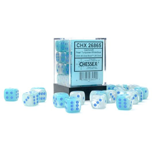 Gemini: 12 mm D6 - Pearl Turquoise-White/Blue Luminary (36 dice)
