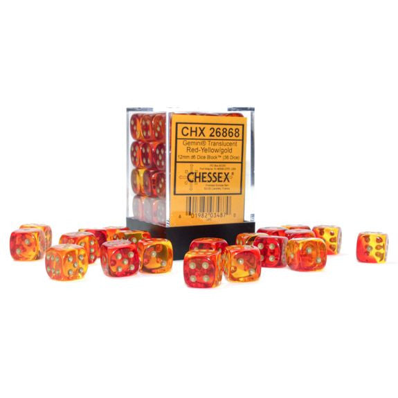 Gemini: 12 mm D6 - Translucent Red-Yellow/Gold (36 dice)
