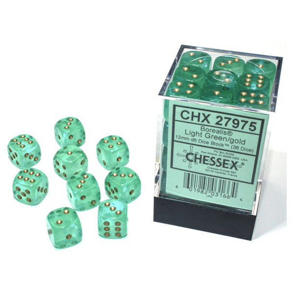 Borealis: 12mm D6 - Light Green/gold Luminary (36)