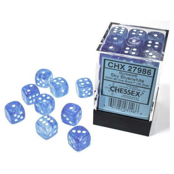 Borealis: 12mm D6 - Sky Blue/white Luminary (36)