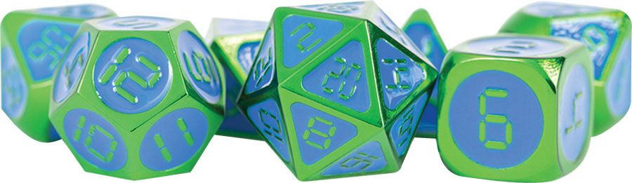 16mm Digital Metal Dice Set - Green w/ Blue Enamel (7)