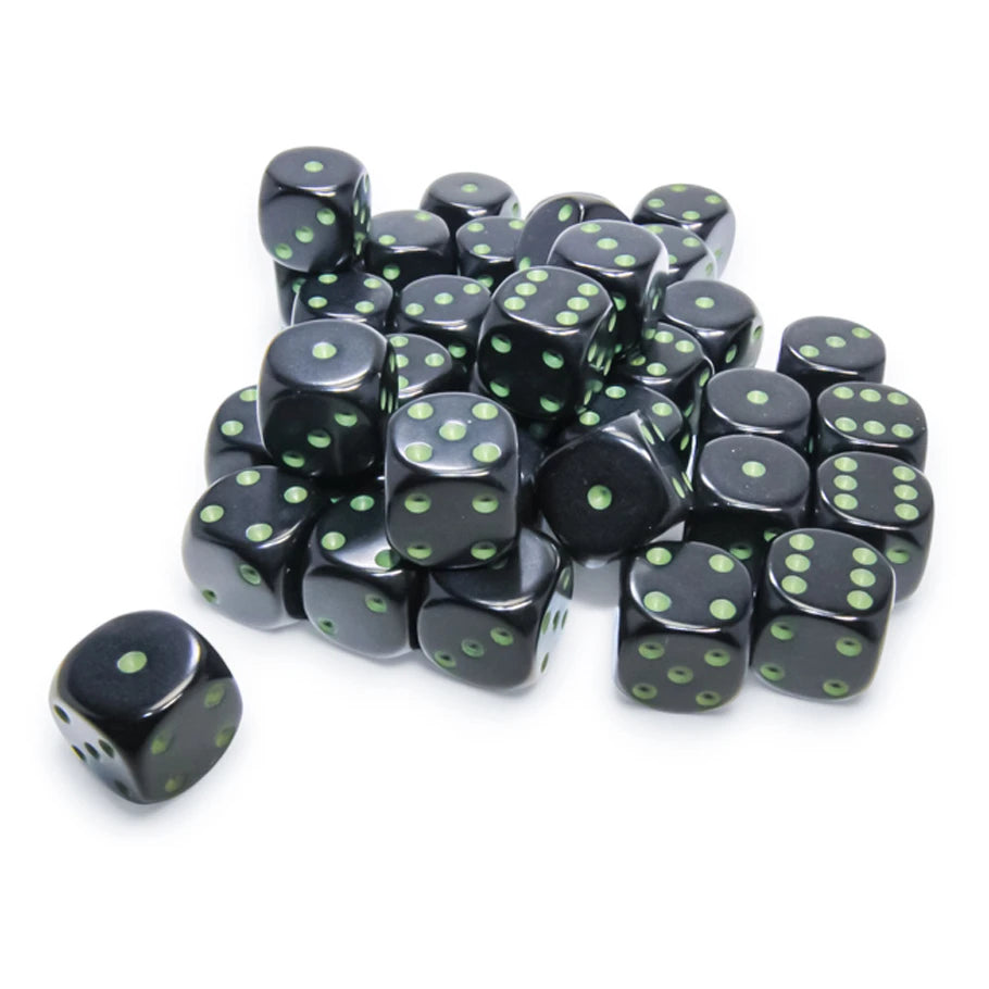 Opaque: 12 mm D6 - Black/Green (36 dice)