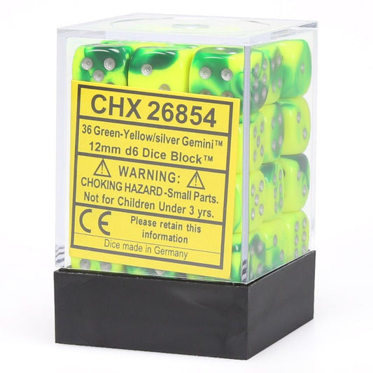 Gemini: 12mm D6 - Green Yellow/Silver (36)