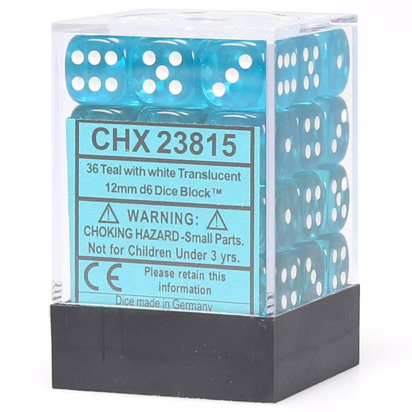 Translucent: 12mm D6 - Teal/White (36)