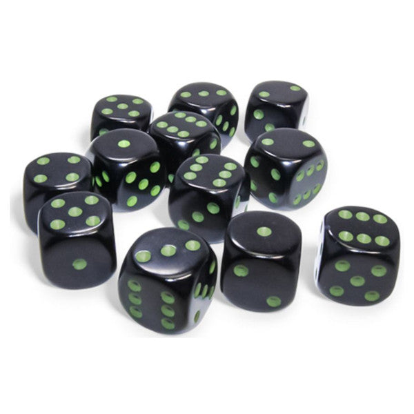 Opaque: 16 mm D6 - Black/Green (12 dice)