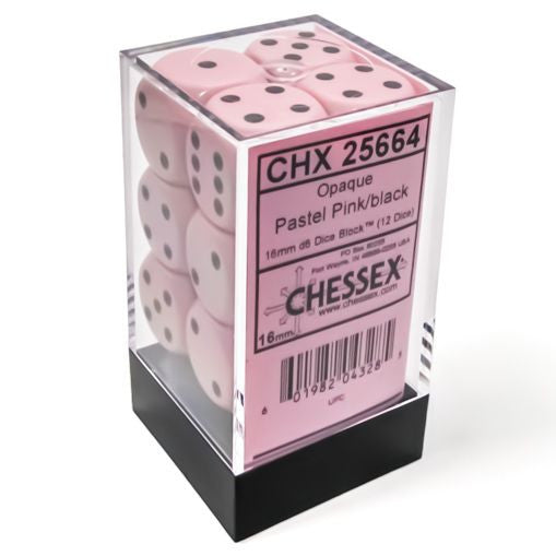 Opaque: 16 mm D6 - Pastel Pink/Black (12 dice)