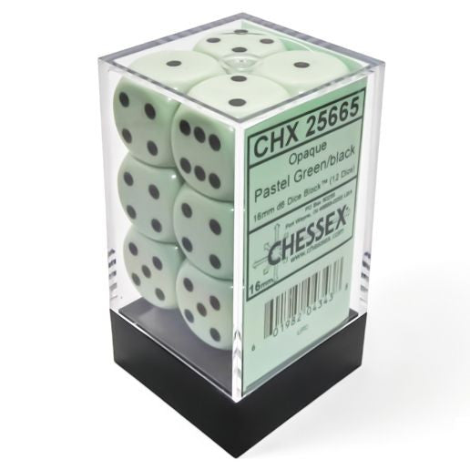 Opaque: 16 mm D6 - Pastel Green/Black (12 dice)