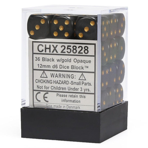 Opaque: 12mm D6 - Black/Gold (36)