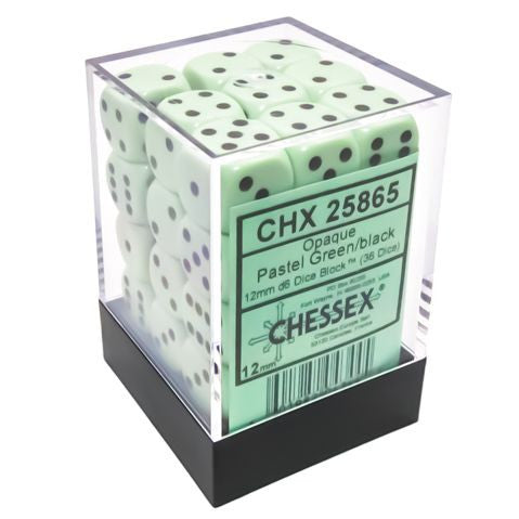 Opaque: 12 mm D6 - Pastel Green/Black (36 dice)