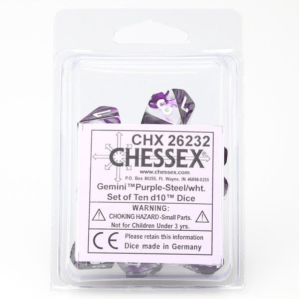Gemini: D10 - Purple and Steel/White (10 dice)