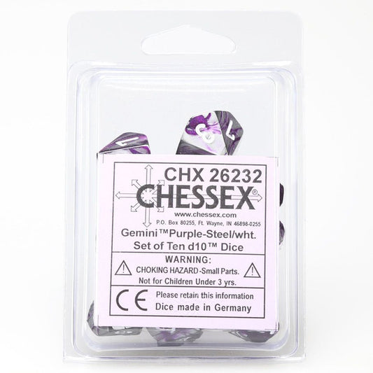 Gemini: D10 - Purple and Steel/White (10 dice)