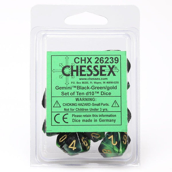 Gemini: D10 - Black and Green/Gold (10 dice)