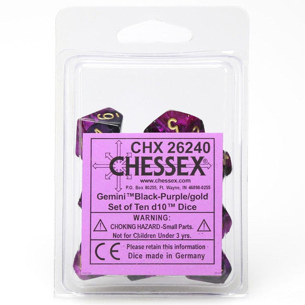 Gemini: D10 - Black and Purple/Gold (10 dice)