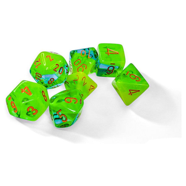 Gemini: Poly - Plasma Green-Teal/Orange Luminary (7 dice)