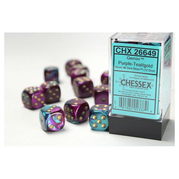Gemini: 16mm D6 - Purple Teal/Gold (12)