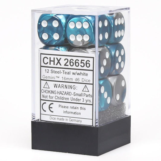Gemini: 16mm D6 - Steel Teal/White (12)