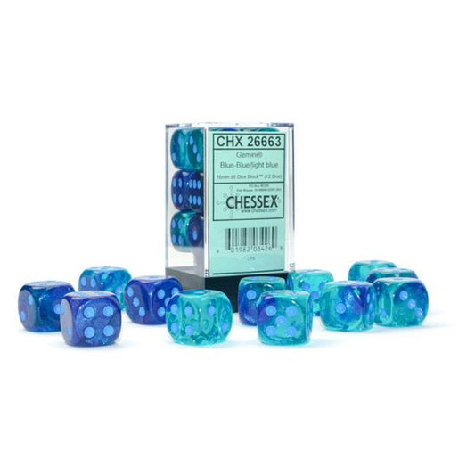 Gemini: 16 mm D6 - Blue-Blue/Light Blue Luminary (12 dice)