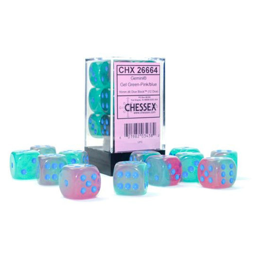 Gemini: 16 mm D6 - Gel Green-Pink/Blue Luminary (12 dice)