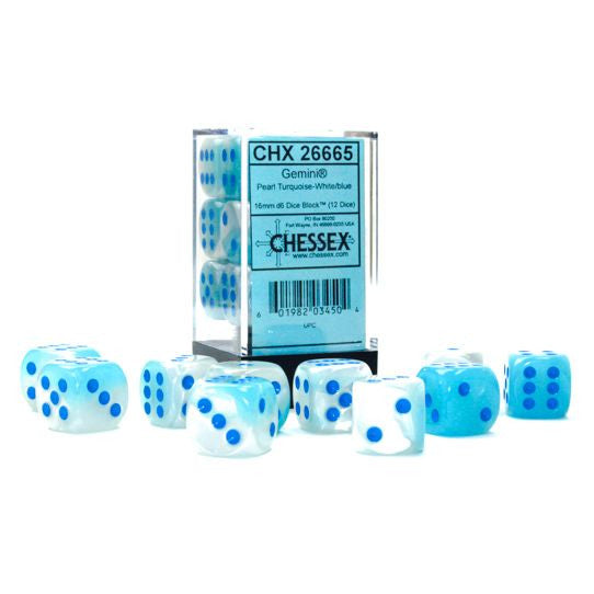 Gemini: 16 mm D6 - Gpearl Turquoise-White/Blue Luminary (12 dice)