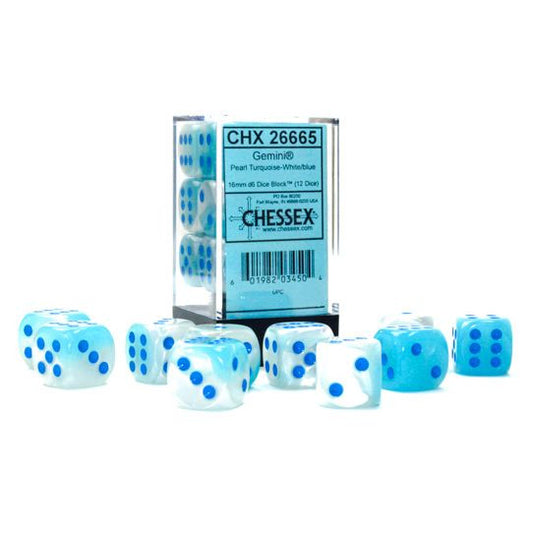 Gemini: 16 mm D6 - Gpearl Turquoise-White/Blue Luminary (12 dice)
