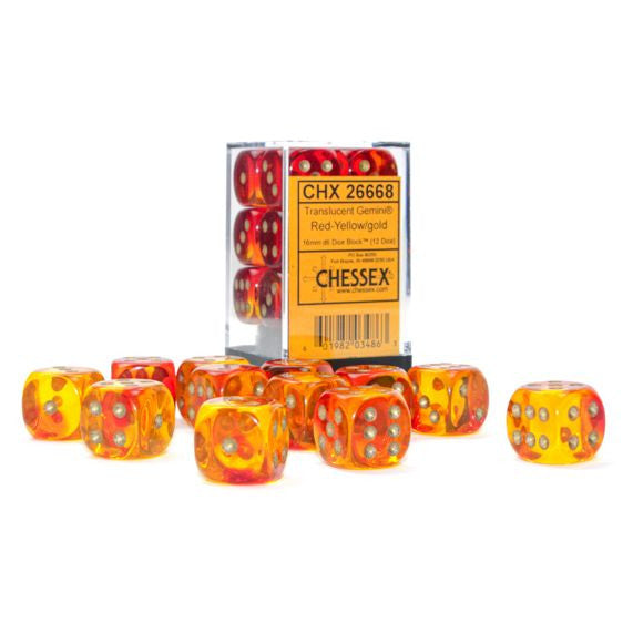 Gemini: 16 mm D6 - Translucent Red-Yellow/Gold (12 dice)