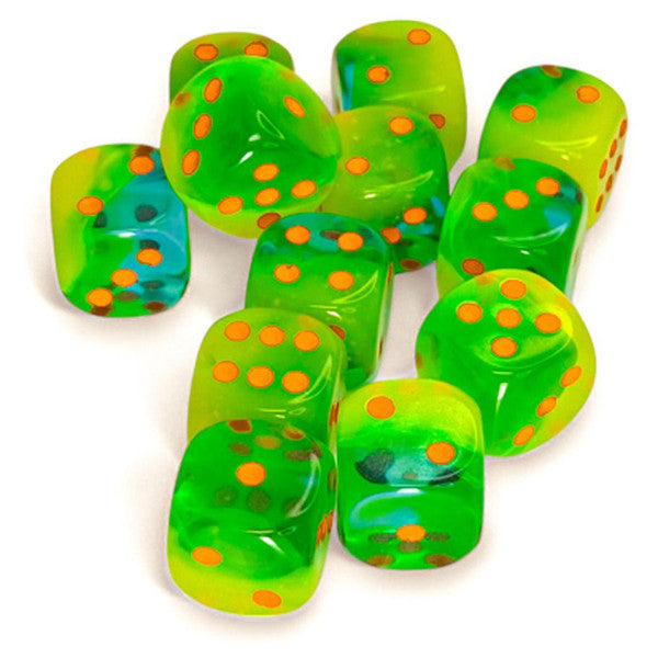 Gemini: 16 mm D6 - Plasma Green-Teal/Orange Luminary (12 dice)