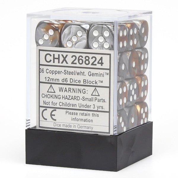 Gemini: 12mm D6 - Copper Steel/White (36)