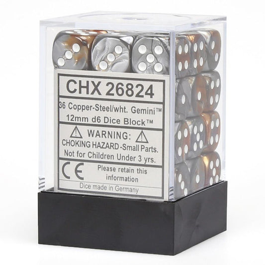 Gemini: 12mm D6 - Copper Steel/White (36)