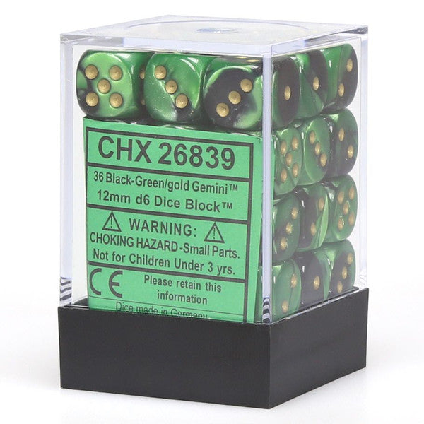 Gemini: 12mm D6 - Black Green/Gold (36)