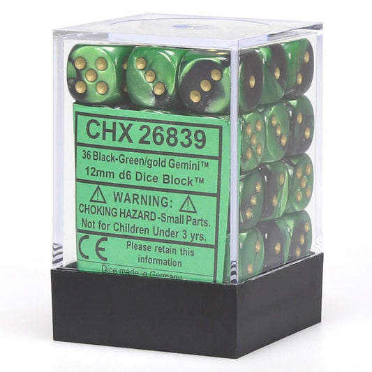 Gemini: 12mm D6 - Black Green/Gold (36)