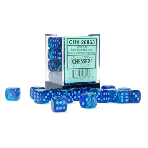 Gemini: 12 mm D6 - Blue-Blue/Light Blue Luminary (36 dice)