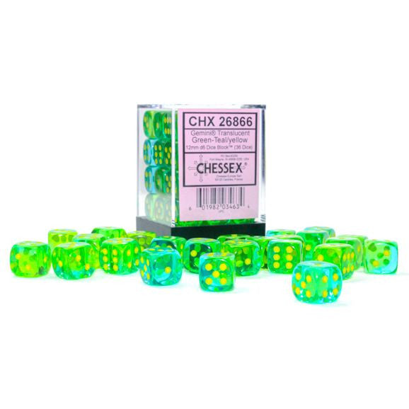 Gemini: 12 mm D6 - Translucent Green-Teal/Yellow (36 dice)