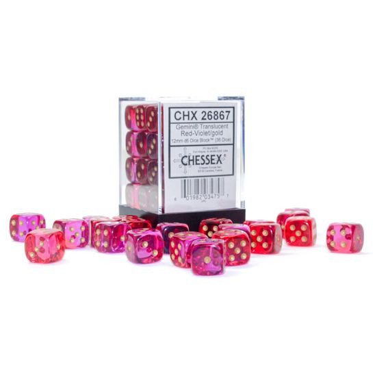 Gemini: 12 mm D6 - Translucent Red-Violet/Gold (36 dice)