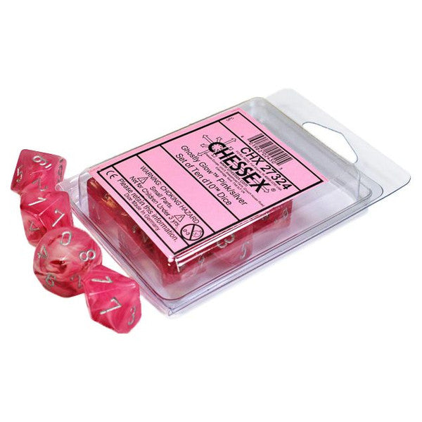 Ghostly Glow: D10 - Pink/Silver (10 dice)