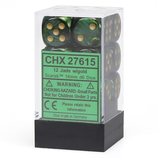 Scarab: 16mm D6 - Jade/Gold/Black (12)