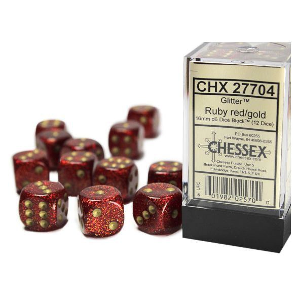 Glitter: 16mm D6 - Ruby/Gold (12)