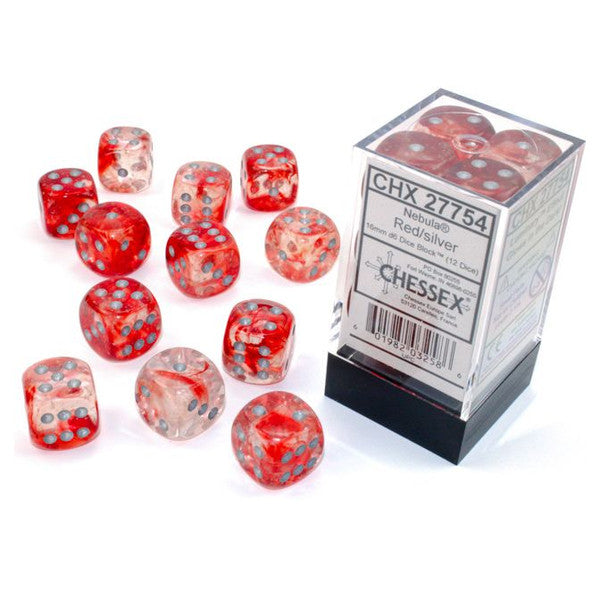 Nebula: 16 mm D6 - Red/Silver Luminary (12 dice)
