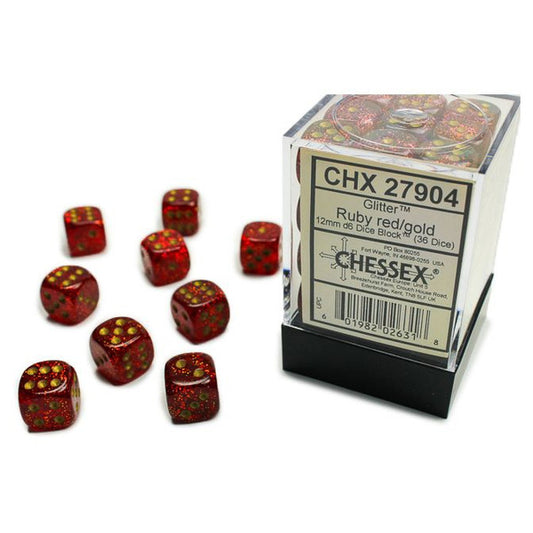 Glitter: 12mm D6 - Ruby/Gold (36)