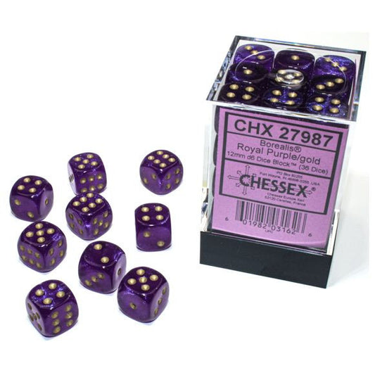 Borealis: 12mm D6 - Royal Purple/gold Luminary (36)