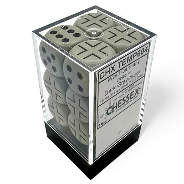 Opaque: 16 mm D6 - WW2 German Dark Grey/Black (12 dice)