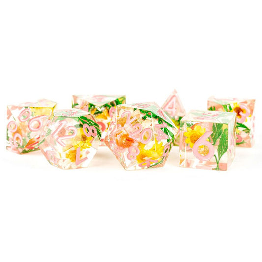 Handcrafted Sharp Edge Resin Dice Set - Chrysanthemum w/ Pink Numbers (7)