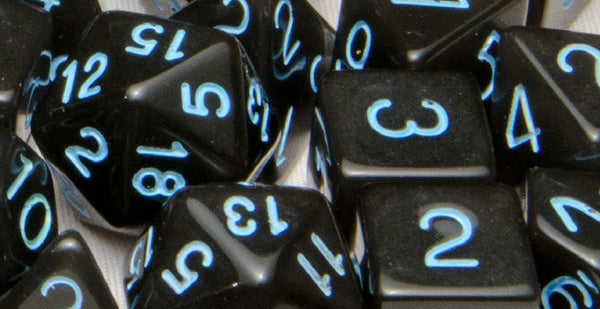 Translucent Poly Dice - Black Smoke w/ Light Blue Numbers (7)