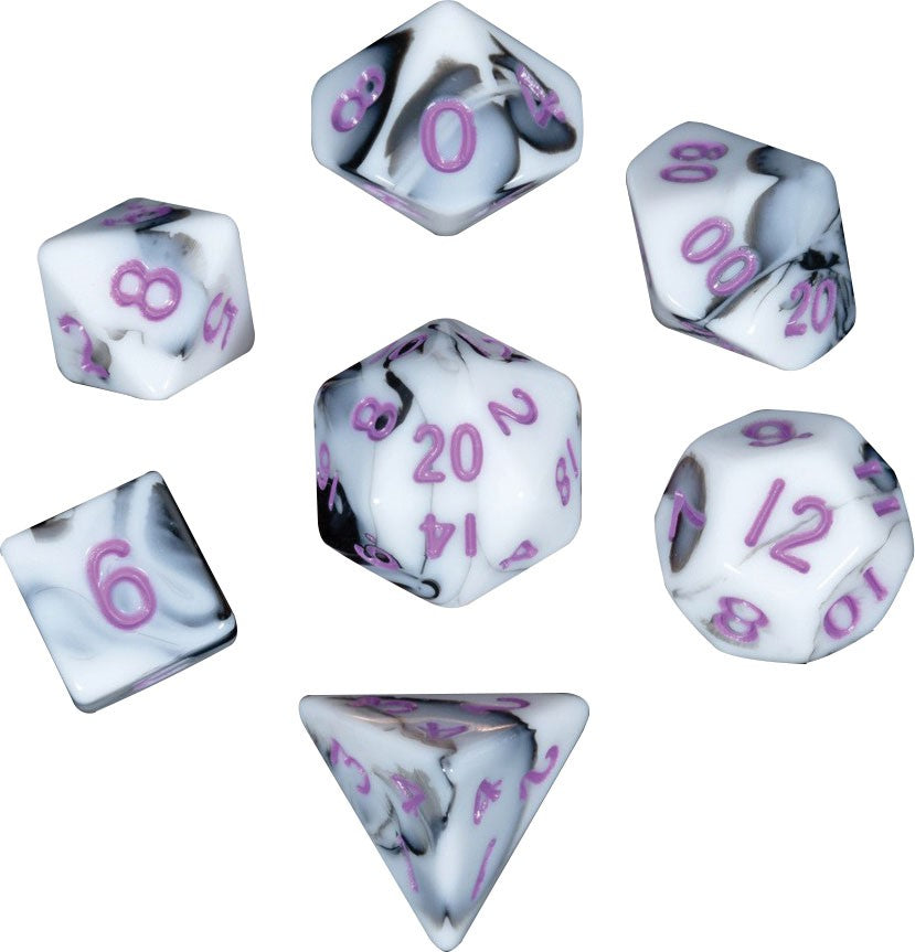 Mini Poly Dice Set - Marble w/ Purple Numbers
