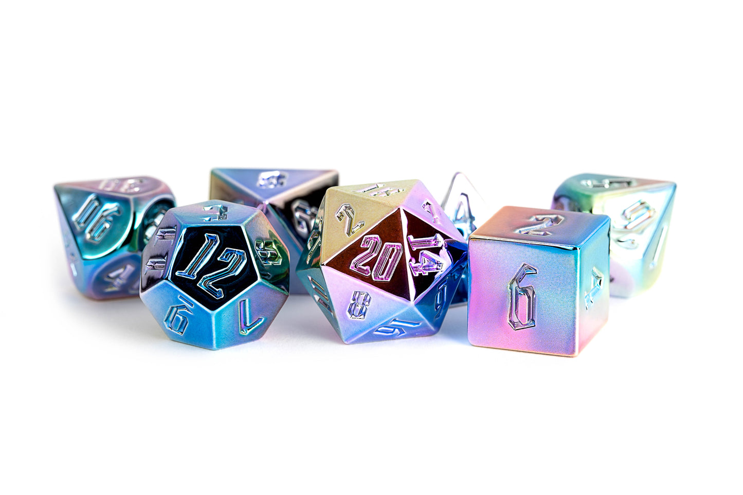 16mm Aluminum Plated Acrylic Poly Dice Set - Rainbow Aegis w/ White Numbers (7)