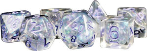 Pearl: 16mm Resin Poly Dice Set - Clear w/ Purple Numbers (7)